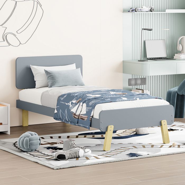 lit simple enfant - sommier à lattes - tête et pied de lit uniques - pin - pieds décoratifs en bois - gris 90x190 cm